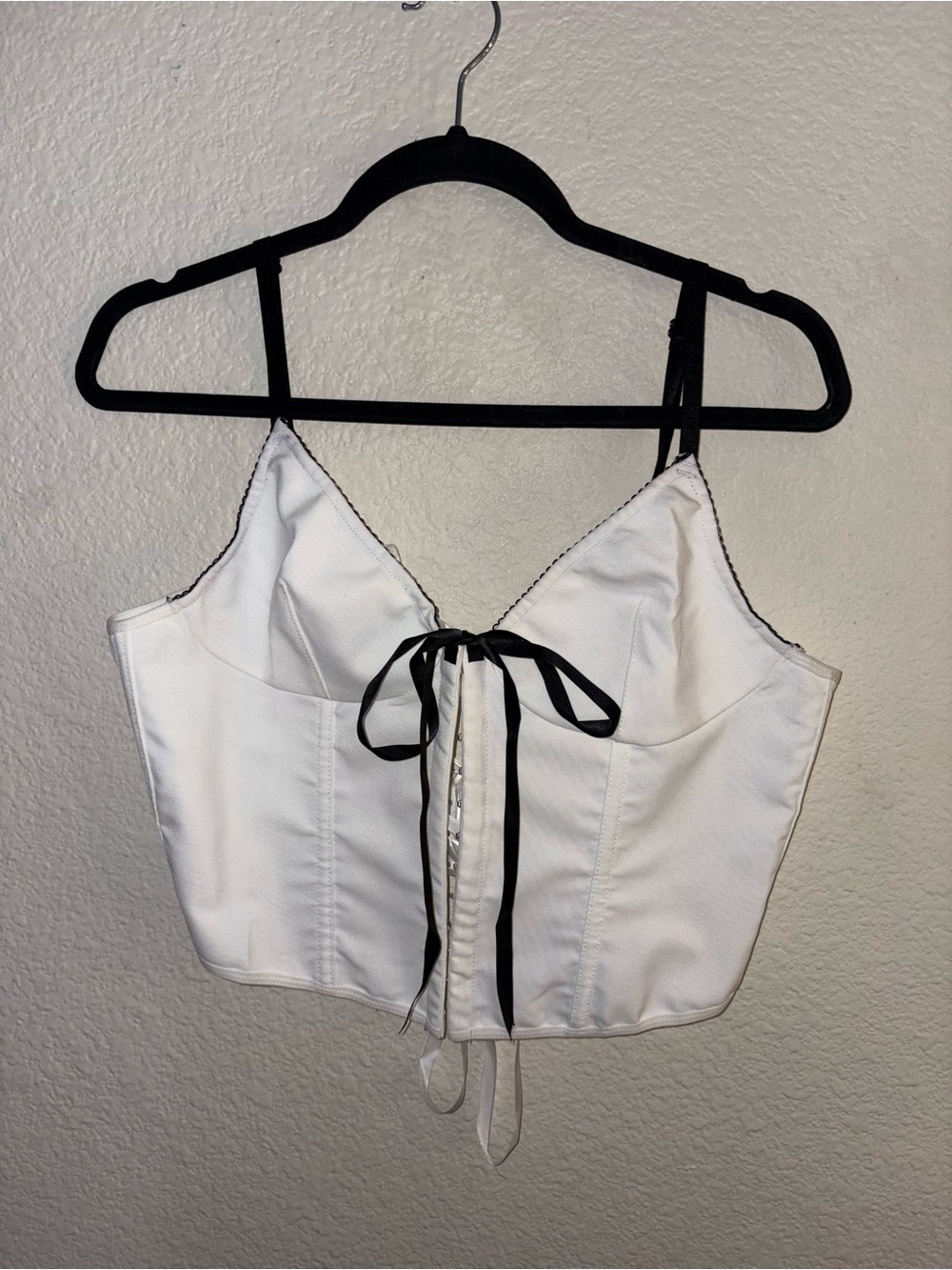 Women's White Satin Corset Crop Top with Black Ribbon